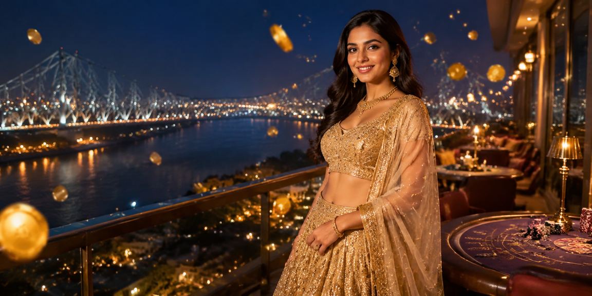 Kolkata Howrah Bridge with lottery ticket and woman in lehenga